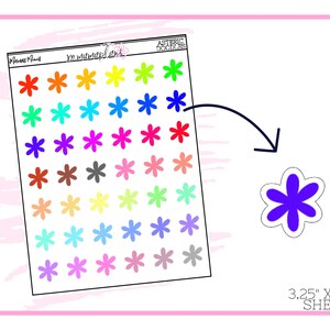 May include: A sheet of colorful flower stickers with a variety of colors, including red, orange, yellow, green, blue, purple, pink, brown, gray, and white. The sheet is 3.25 inches by 4.25 inches.