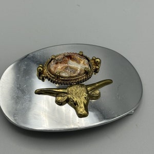 Western Oval Texas Longhorn Steer Belt Buckle Jasper Agate Stone Unisex