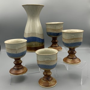 Vintage Hand Crafted Otagiri Orginal Japan Blue/Brown Wine-Water Carafe/Decanter with 4 Matching Footed Ceramic/Pottery Wine-Water Goblets