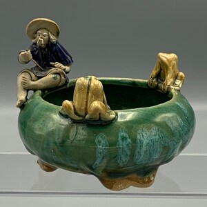 Chinese Mudman Glazed Clay/Pottery Planter Bowl w/two Frogs-Perfect window planter for flowers, herbs, bonsai tree, succulents. Trinket Dish