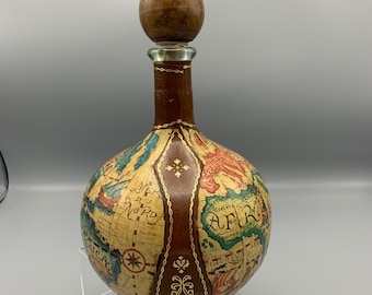 1960s Leather Wrapped Fausto Corduri Glass Decanter Old World Map Made in Italy