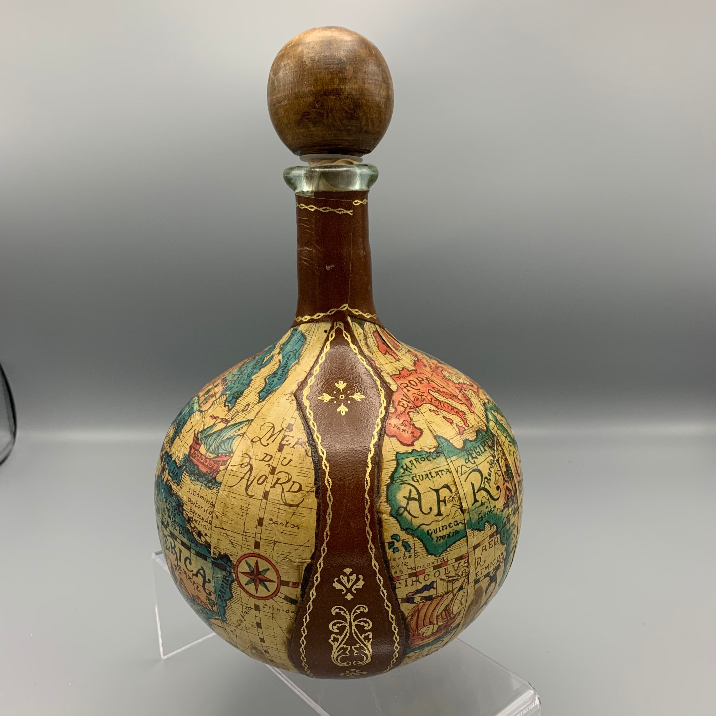 1960s Leather Wrapped Fausto Corduri Glass Decanter Old World Map