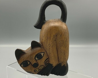 Vintage 7&quot; Tall Cute Arched Back Brown Cat Hand Carved Solid Piece of Wood