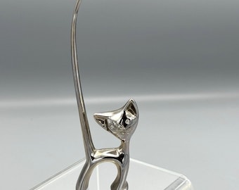Vtg Chrome Long Tailed Cat Figurine Ring Holder Bejeweled Eyes Jewelry Organizer
