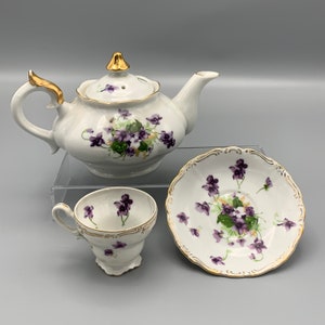 Vintage Norcrest Fine China Sweet Violets Teapot with Lid Teacup And Saucer White with Purple Violets Gold Trim