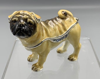 Vtg Nobility Bejeweled Enameled Hinged Magnetic Trinket Box Pug Crystals Dog