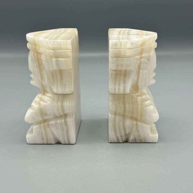 Vtg Pair Warrior Aztec Mayan Bookends Carved Two Toned Marble Onyx ...