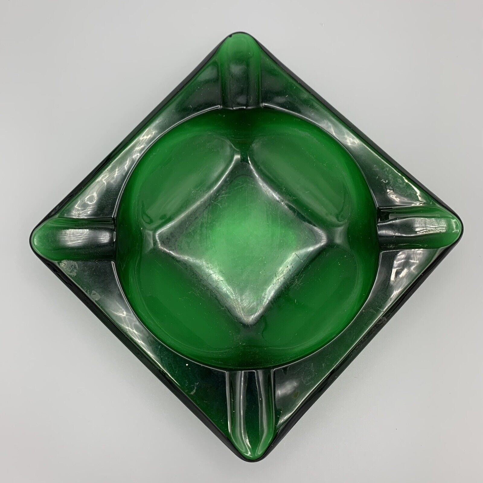 Vintage Dark Green Glass Square Ashtray Cigarettes Cigars Retro