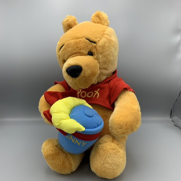 Vintage Disney Sitting Winnie the Pooh Plush Holding Blue Rattle Honey Pot 15"