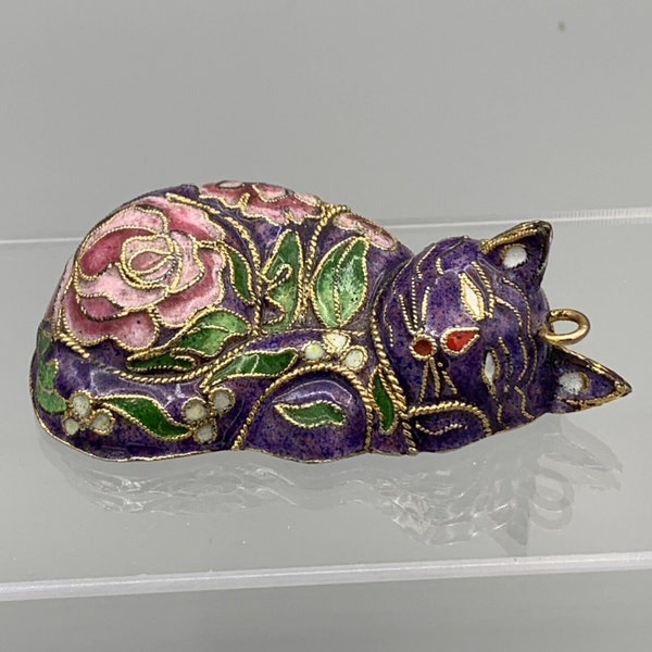 Cloisonne Enamel Floral Purple Sleeping Cat Ornament Figurine Pink Rose Kitty