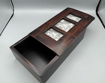 Vintage Unmarked Wood Photo Trinket Box Slide Top Holds 3 Photos 10" Long READ