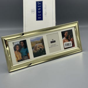 May include: A gold-colored metal picture frame with three openings, each holding a different photograph. The frame is rectangular and has a shiny finish. A box with the brand name "BURNES" is in the background. The frame is designed to hold 2" x 3" photos.