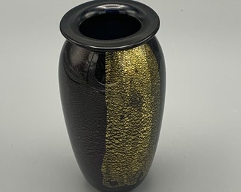 Robert Eickholt Studio Art Glass Vase Handblown Black with Gold Foil Design Iridescent Accents