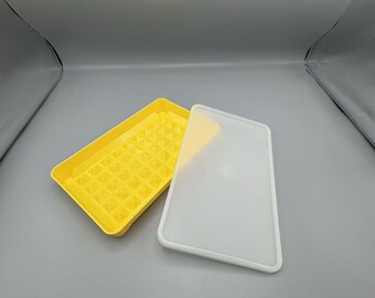VTG gele tupperware hotdog-delicontainer 1292-8 doorzichtig deksel 1293-1 baconhouder