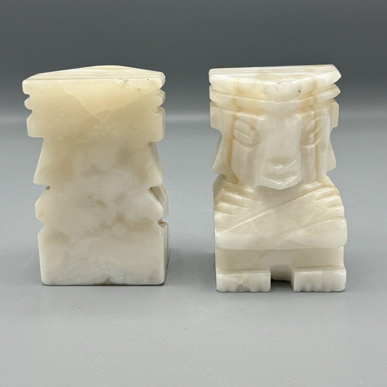 Vtg Pair Warrior Aztec Mayan Bookends Carved Two Toned Marble Onyx ...