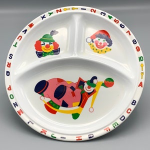 Vintage Children&#39;s Divided Clown Plate 123 ABC Melamine Allied Housewares 1990s Alphabet & Numbers