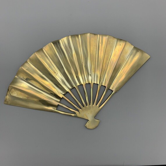 Vtg Solid Brass Oriental Hand Fan Raised Phoenix Dragon Wall Art