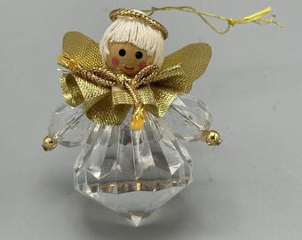 VTG Teardrop Prism facettierte Weihnachtsengel Ornament Holzkopf Goldflügel Taiwan