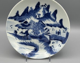 Antique Pictorial Chinese Blue White Hand Painted Porcelain Plate 7" Dia Decor