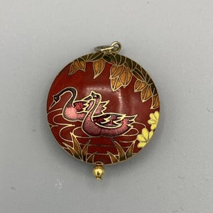 Vintage Cloisonne Double Sided Pendant Two Swans on Pond Chain NOT Included