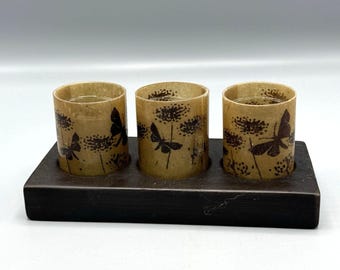 Vtg Painted Red Clay Tray Holding 3 Glass Tealight Holders 3 Butterfly Covers
