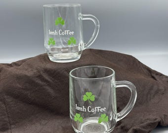Vtg Pair of Irish Coffee Glass Coffee Mugs France 3 Leaf Clover St Patricks Day