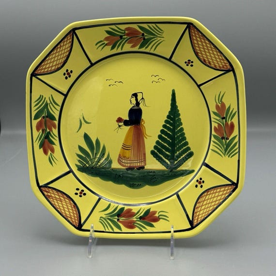 HB Henriot Quimper SOLEIL YELLOW Breton Woman Octagonal 10 1/4
