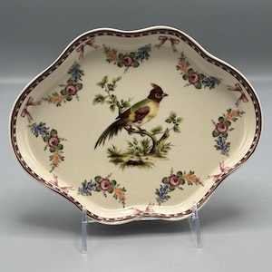 Vtg Transferware Oval Ironstone Love Bird Trinket Cartão de Visita Prato Floral
