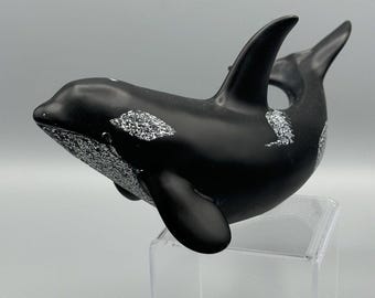 ハンドメイド　62cmブラックバス　27cmオショロコマ　フィギュア Vtg Killer Whale Orca Figurine Hand Carved Black Natural Resin