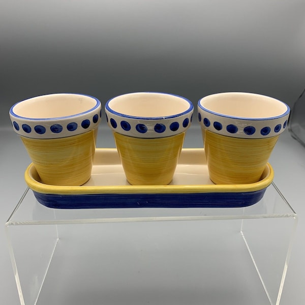 Vtg Portugal Ceramic Windowsill Planter Set 3 Pots with Tray Herbs Yellow Blue