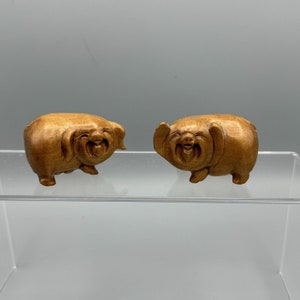 Vtg Pair of Pigs Chinese Hand Carved Wood Figures FengShui Happy Face Good Luck