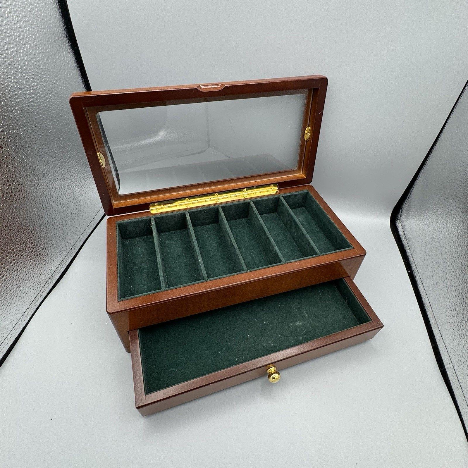 Vintage Wood Glass Jewelry Box with Drawer Lined Vanity Storage Organization - HEAVY - Oversized