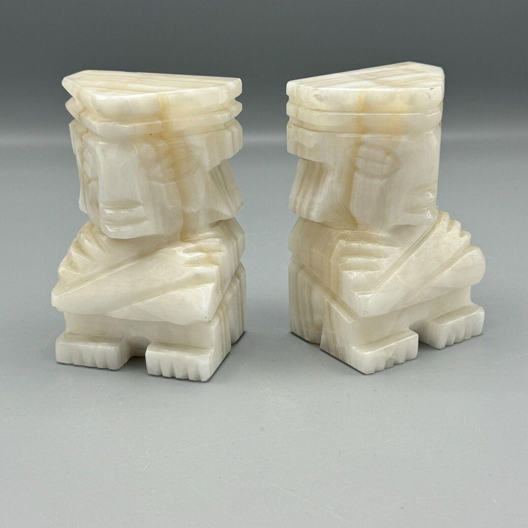 Vtg Pair Warrior Aztec Mayan Bookends Carved Two Toned Marble Onyx ...