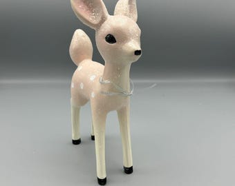 Vintage Pastel Pink Glitter Baby Deer Fawn 9&quot;  Figurine Christmas Nursey Baby Rm