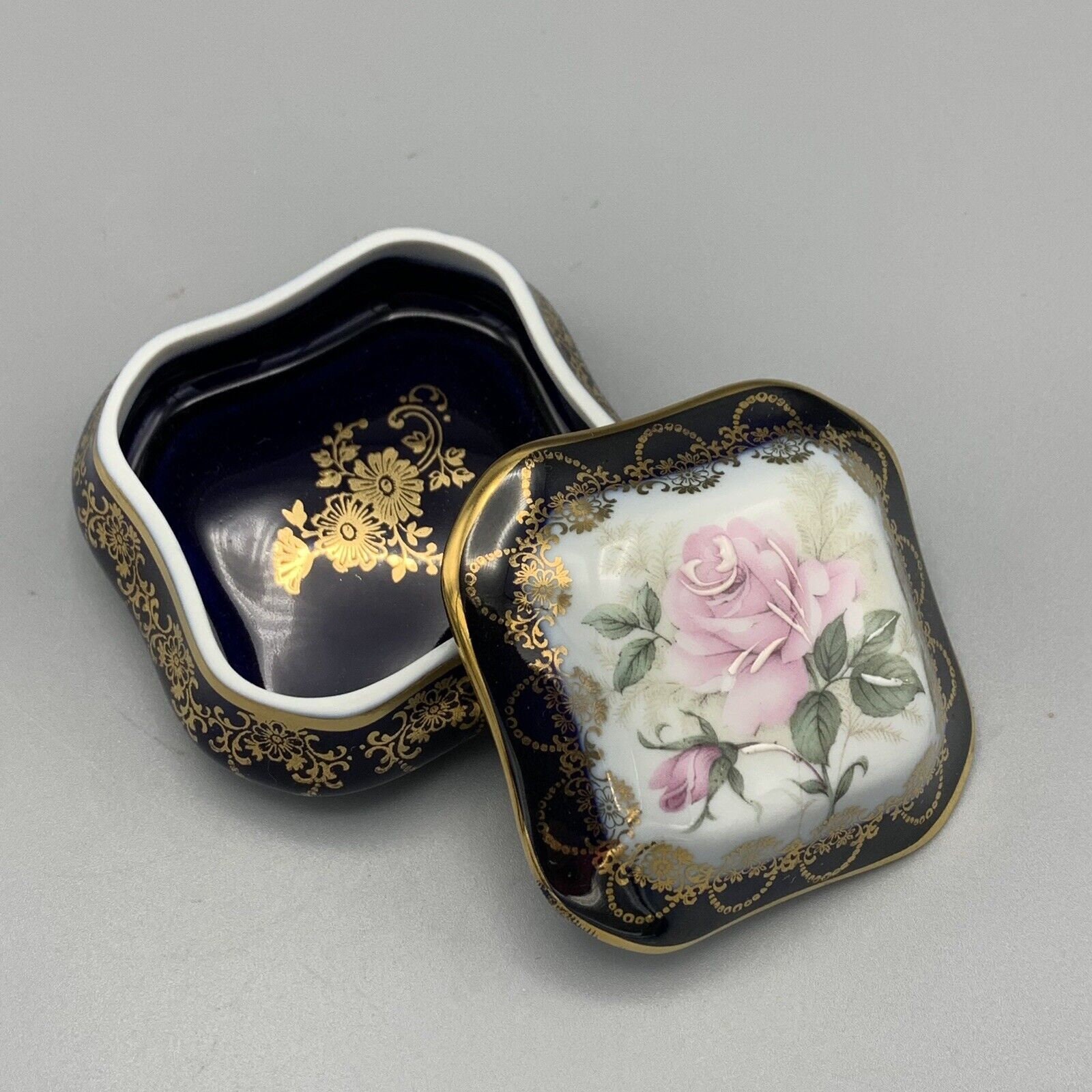Limoge France Trinket Box Rehausse Main Square Porcelain Pink Rose