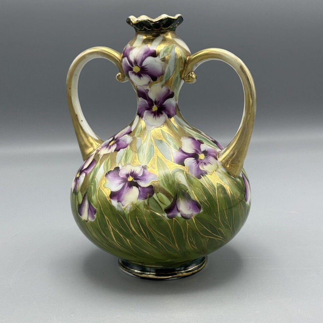 Antique Hand Painted Nippon Purple Floral Dbl Handled Vase Green