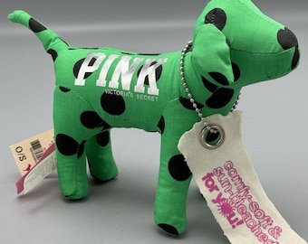New Victoria&#39;s Secret Pink Happy Green Black Spotted Dog Plush Stuffed Animal 8&quot;