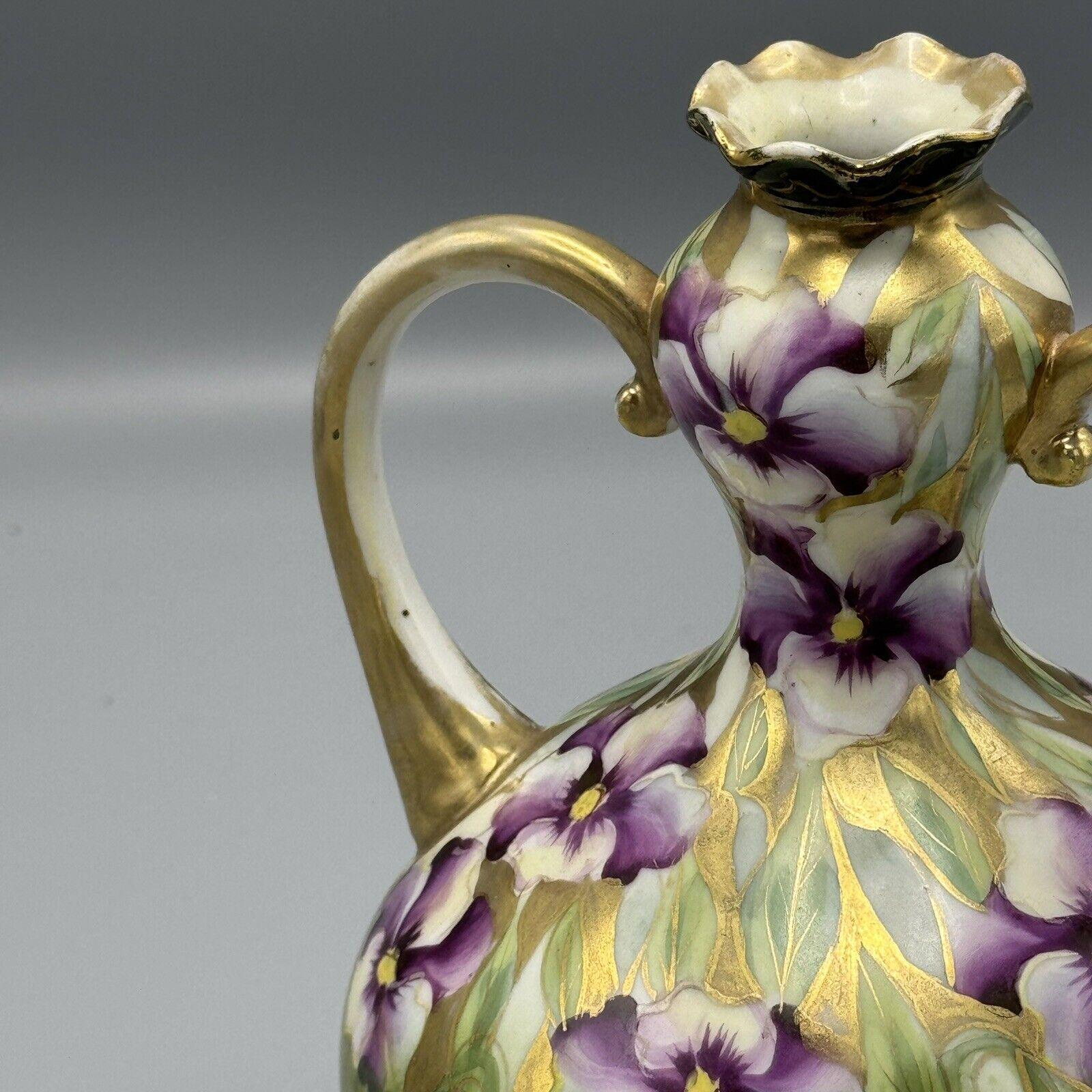 Antique Hand Painted Nippon Purple Floral Dbl Handled Vase Green