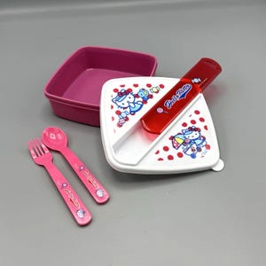 2004 Sanrio Hello Kitty Plástico Bento Lonchera Contenedor Tenedor Cuchara Portátil