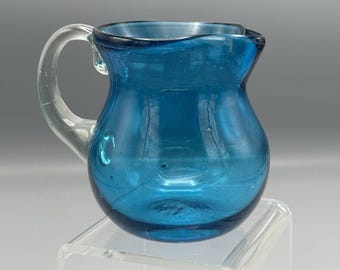 Vintage Umarked Blue Hand Blown Glass Pitcher Applied Clear Handle Imperfections