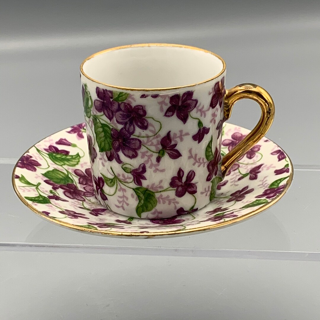Vintage Japan China Demitasse Mini Cup and Saucer Violets Gold Gild