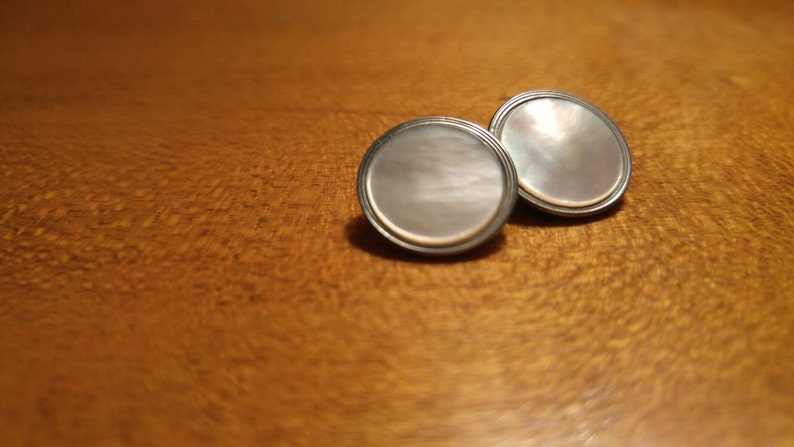 Vintage Mother of Pearl Krementz Heraldic Tuxedo Cufflinks with Original Mirrored Case.