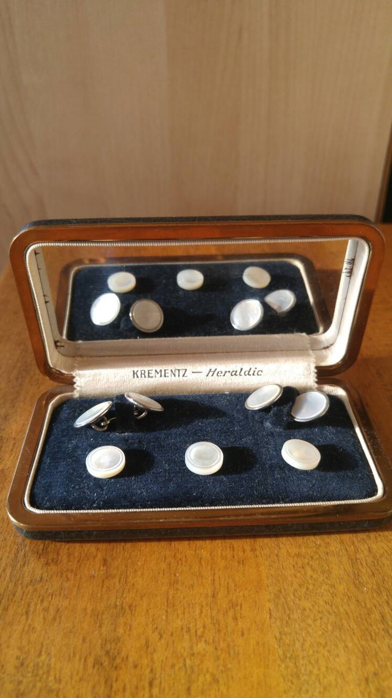 Vintage Mother of Pearl Krementz Heraldic Tuxedo Cufflinks with Original Mirrored Case.