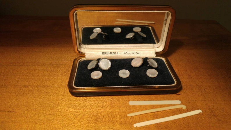 Vintage Mother of Pearl Krementz Heraldic Tuxedo Cufflinks with Original Mirrored Case.