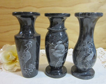 Set of Three Asian Black Marble Vases with Etched Bird Design