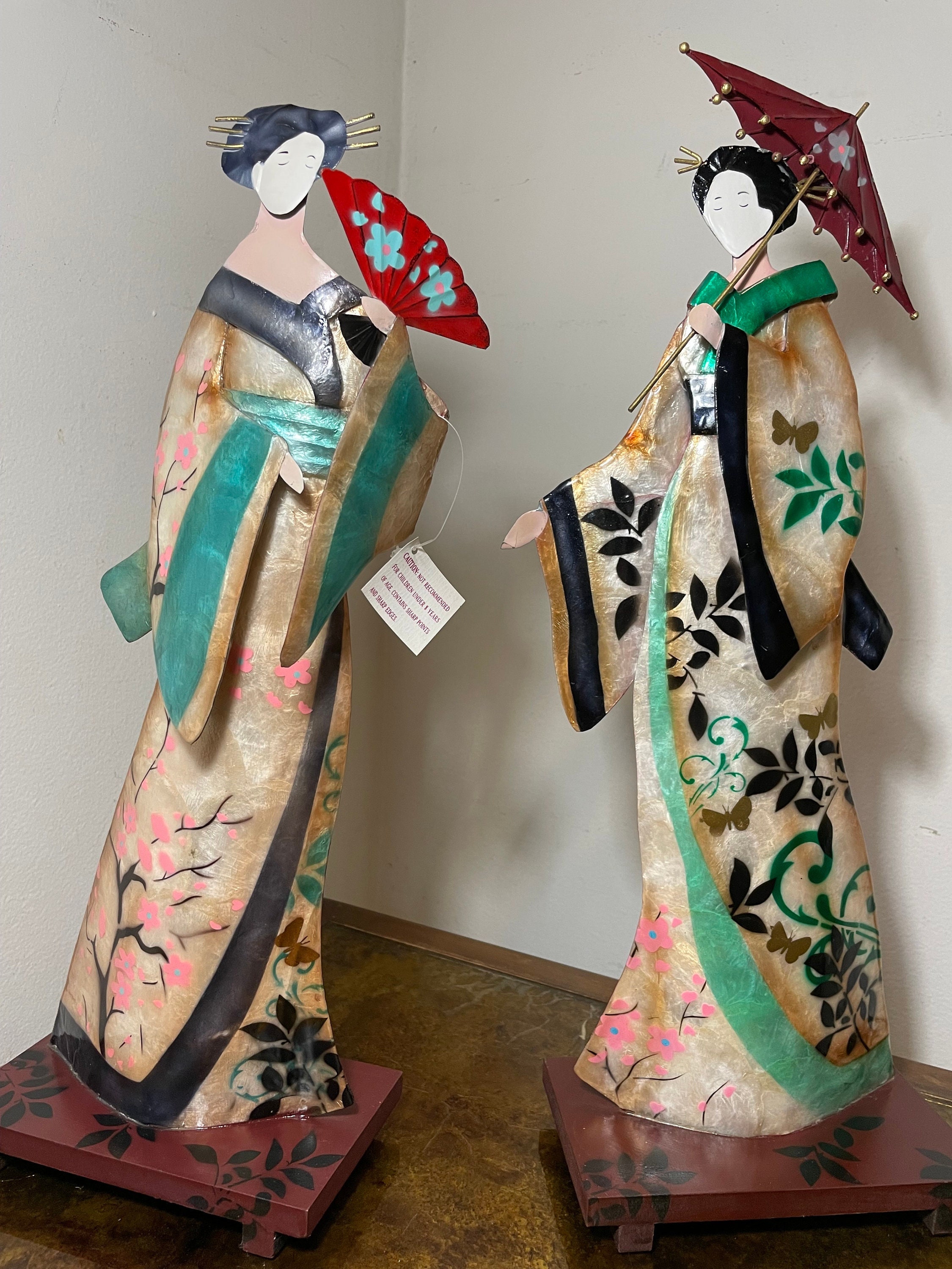 geisha RARE Set of Two Tall Metal and Capiz Shells Japanese Geisha