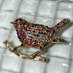 On a Limb!  Vintage Jewelry Gold and Multi Colored Rhinestone Bird Pendant or Brooch