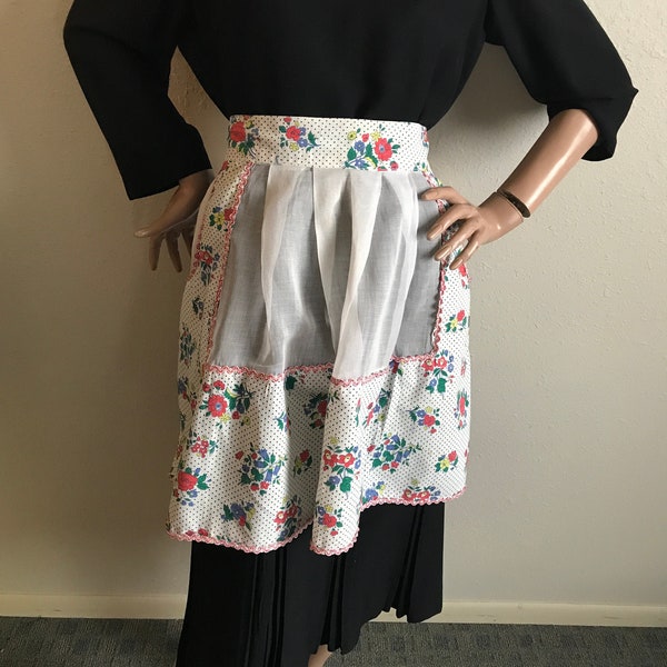 Polka Dots And Posies! Vintage Handmade Polka Dot & Floral Apron- One Size Fits Most