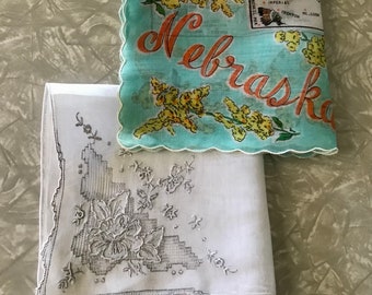 Nebraska Corn Huskers too! Vintage 2 pc Ladies Hankies - Nebraska State Map & White w/Needlework