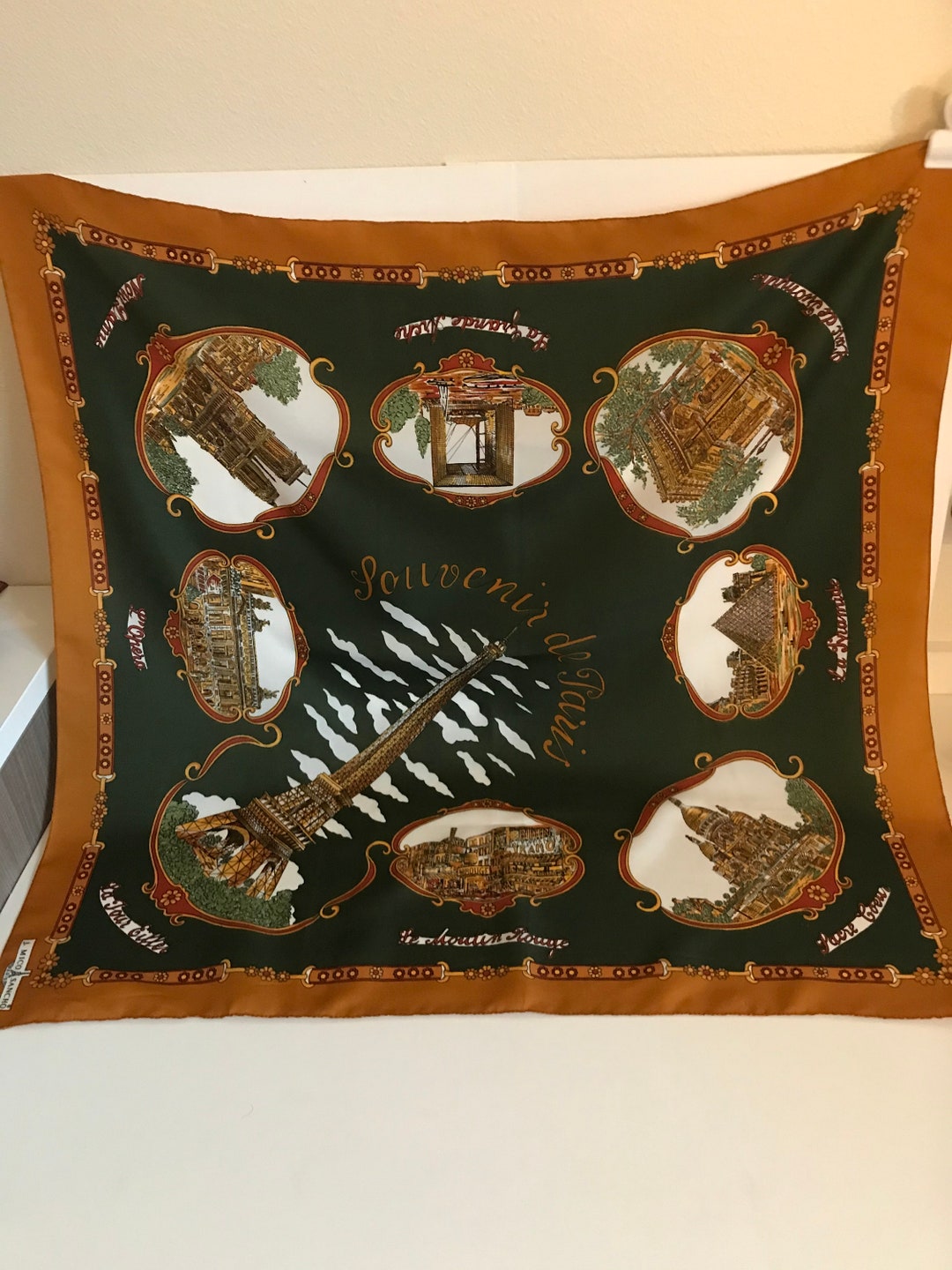 Foulard Carré En Soie Vintage Mico Sancho Paris - 88 Cm, Motif Forêt, Fait Main, Occasion